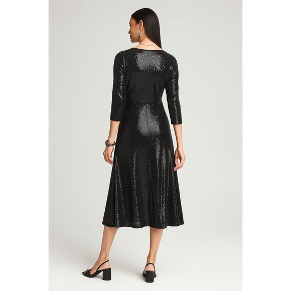 Chico's Black Sequin Midi Party Dress XL (Size 3) Glam Sparkle V-Neck Holiday - Picture 2 of 13